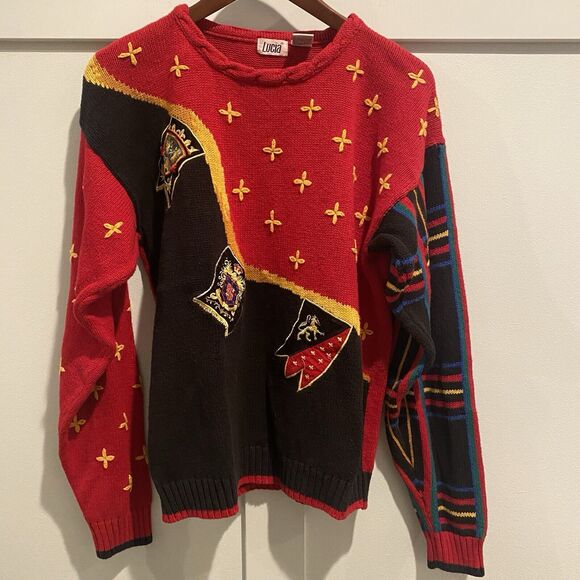 Vintage Lucia Sweater Women Size Small S Red Black Plaid Crest Preppy Academia - Picture 5 of 15